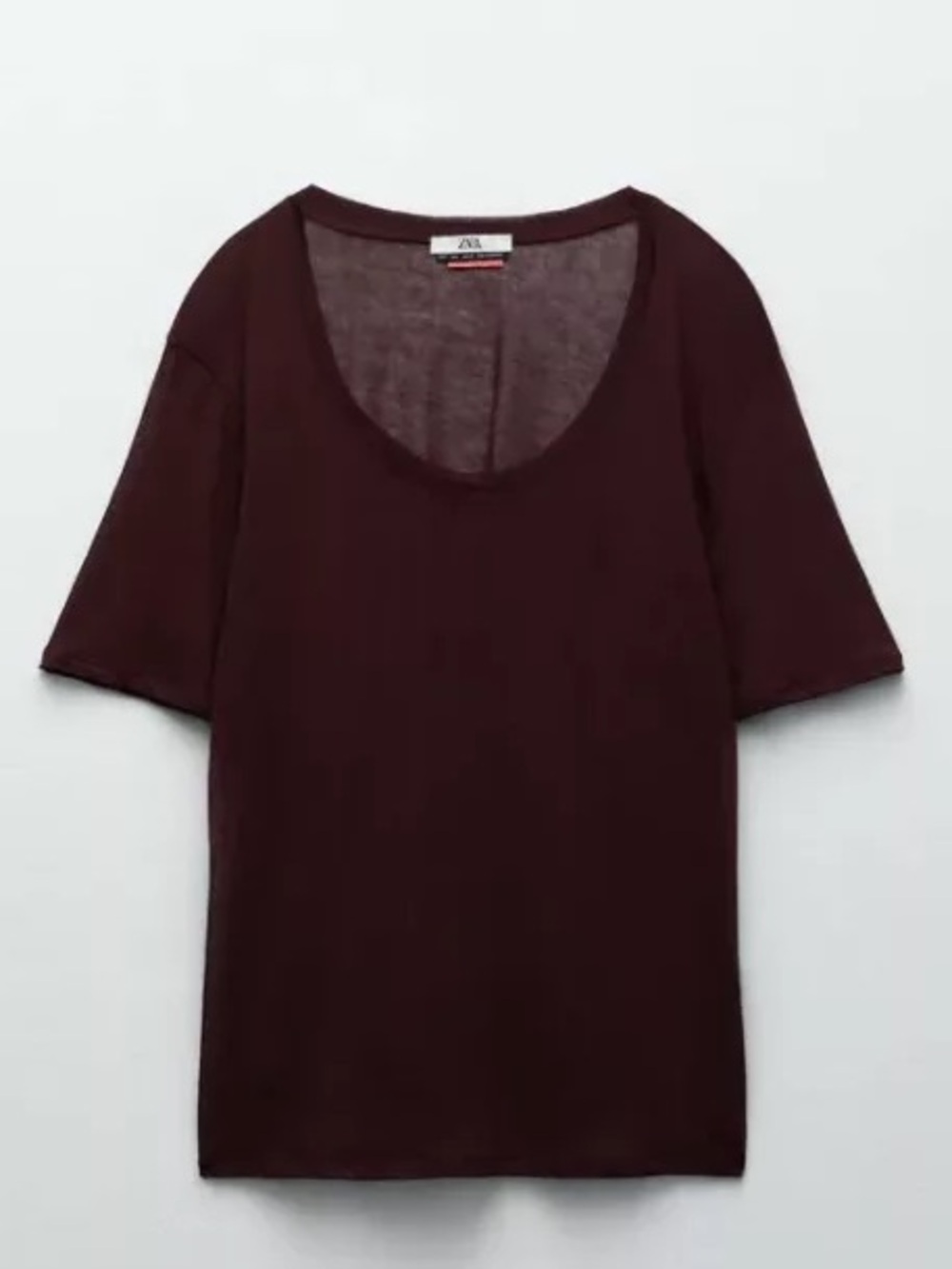 Zara x Charlotte Gainsbourg 100% Cotton Short Sleeve Scoop Neck Top - Burgundy